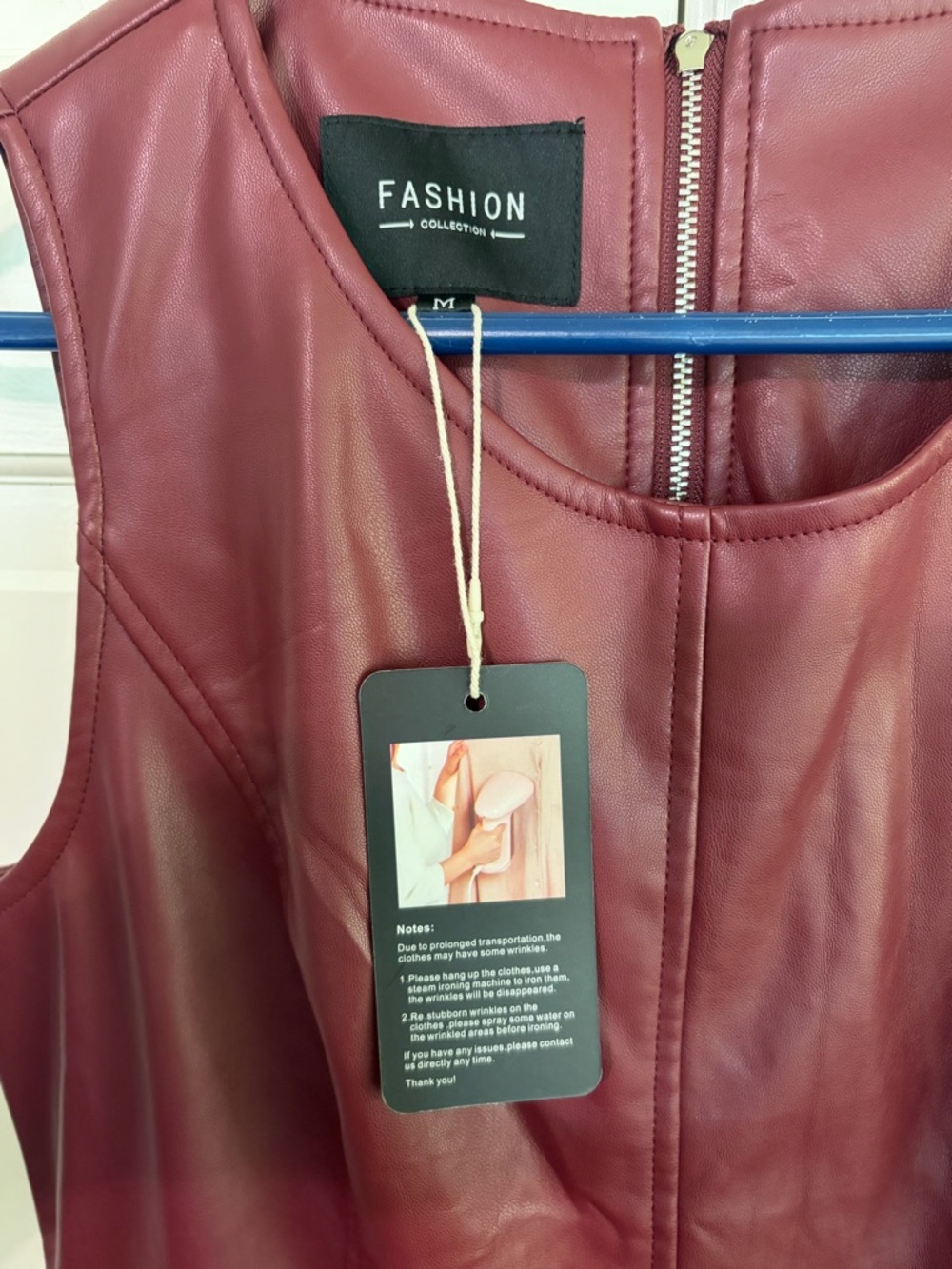 Sleeveless Faux Leather Midi Dress in Burgundy with Self-Tie Waist - Picture 5 of 6